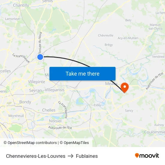 Chennevieres-Les-Louvres to Fublaines map
