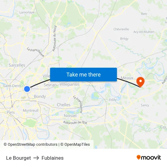 Le Bourget to Fublaines map