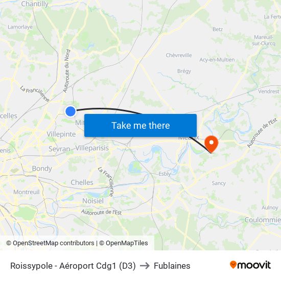 Roissypole - Aéroport Cdg1 (D3) to Fublaines map