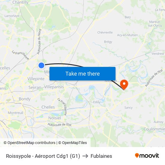 Roissypole - Aéroport Cdg1 (G1) to Fublaines map