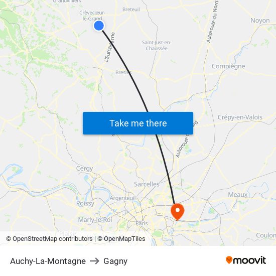 Auchy-La-Montagne to Gagny map