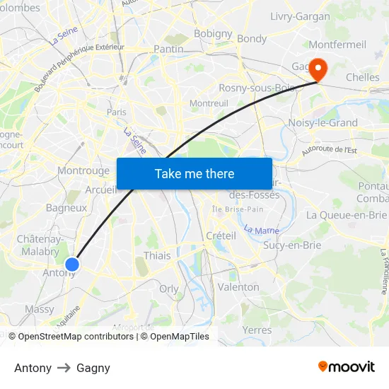 Antony to Gagny map