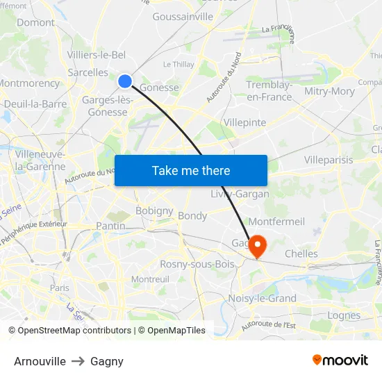 Arnouville to Gagny map