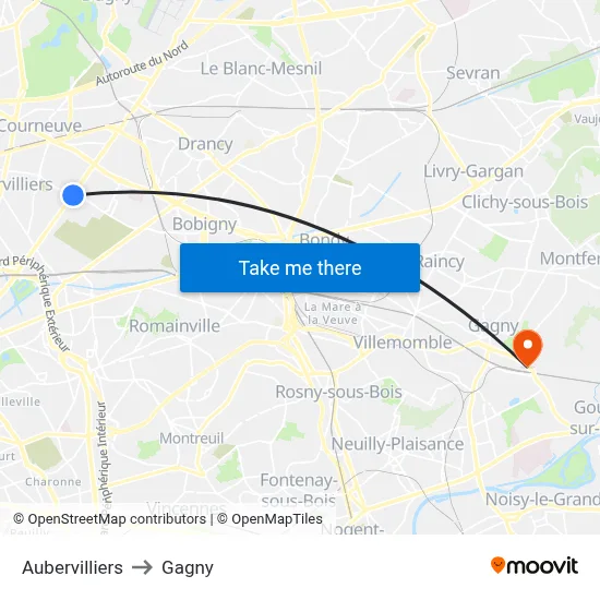 Aubervilliers to Gagny map