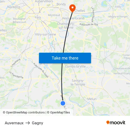 Auvernaux to Gagny map