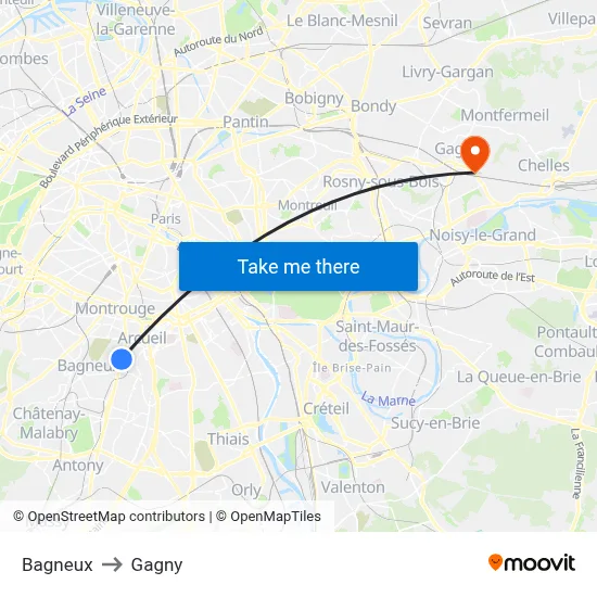 Bagneux to Gagny map