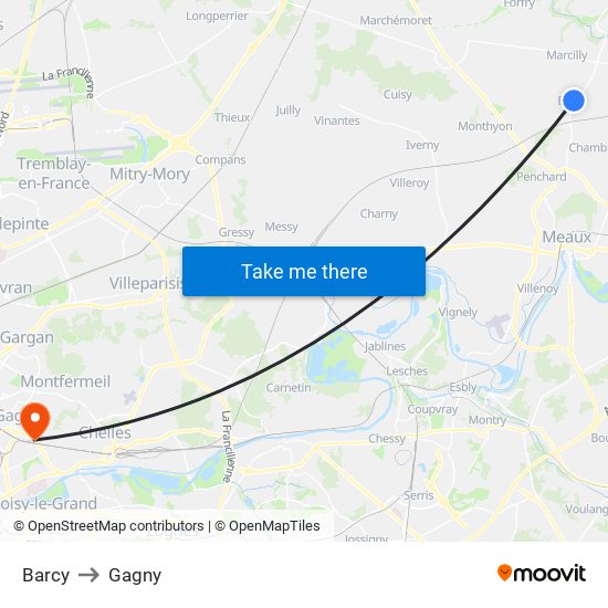 Barcy to Gagny map