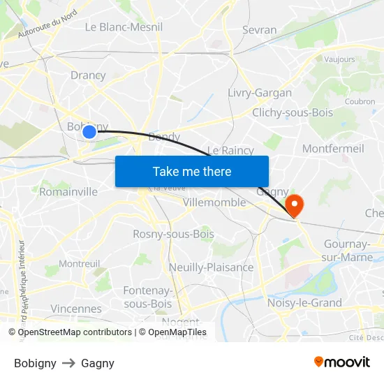 Bobigny to Gagny map