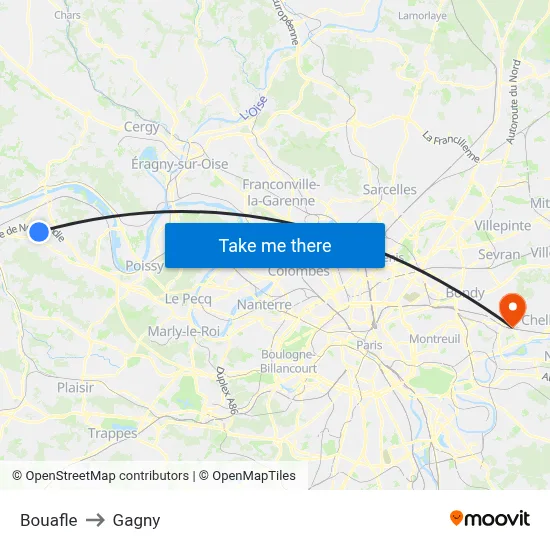 Bouafle to Gagny map