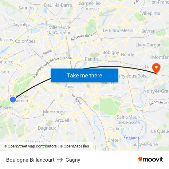 Boulogne-Billancourt to Gagny map