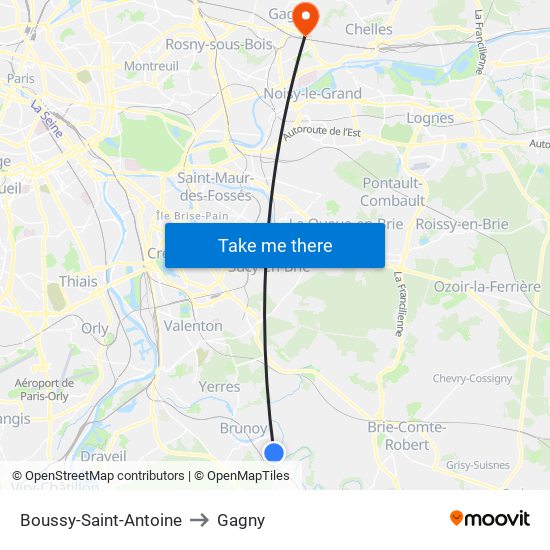 Boussy-Saint-Antoine to Gagny map