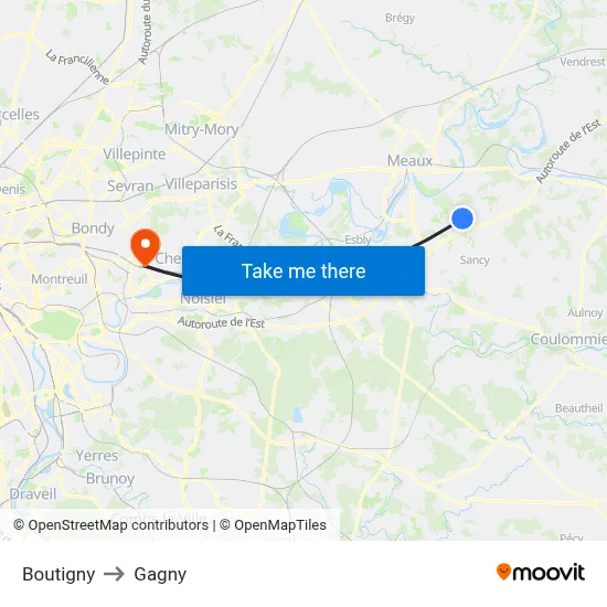 Boutigny to Gagny map