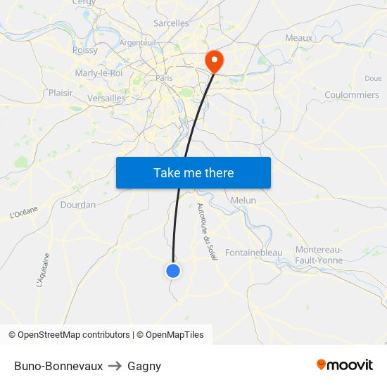Buno-Bonnevaux to Gagny map