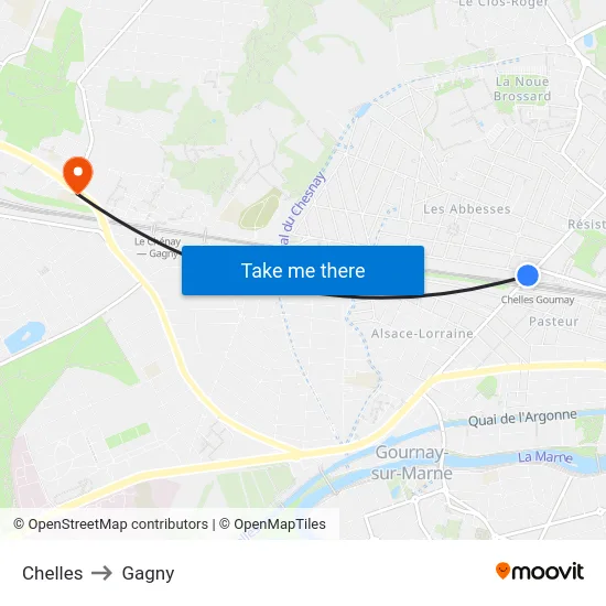 Chelles to Gagny map