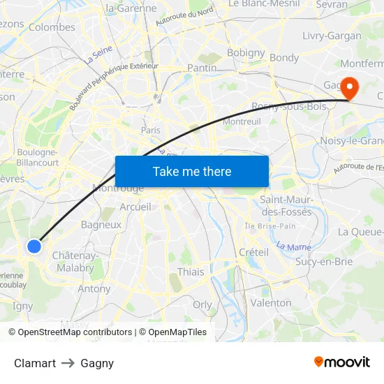 Clamart to Gagny map