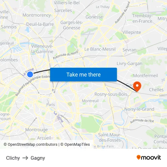 Clichy to Gagny map