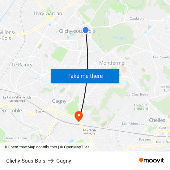 Clichy-Sous-Bois to Gagny map