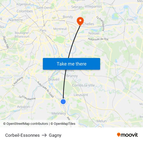 Corbeil-Essonnes to Gagny map