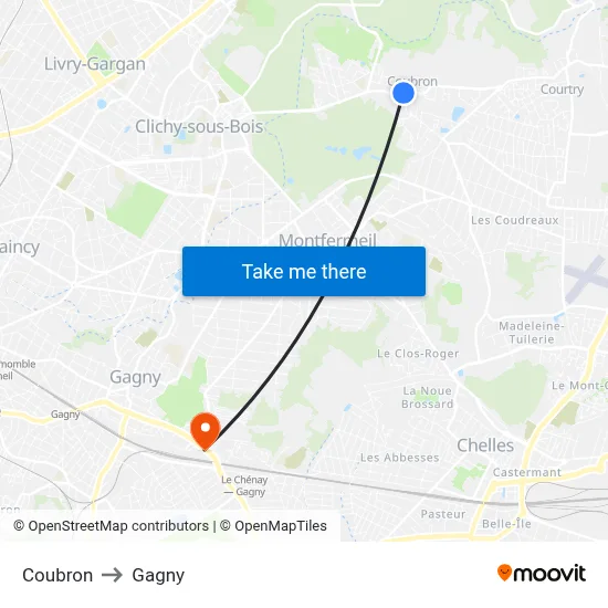 Coubron to Gagny map