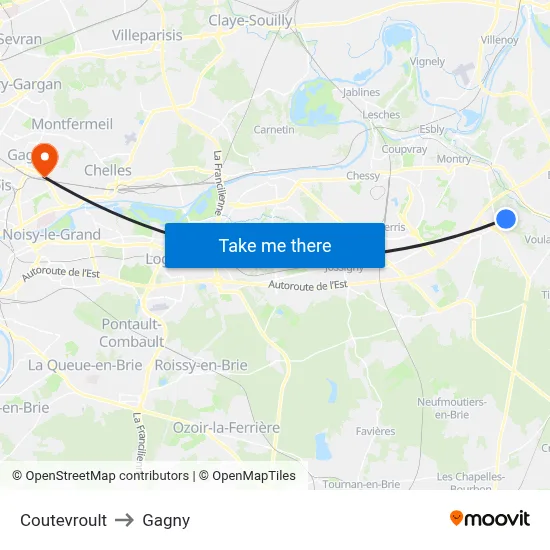 Coutevroult to Gagny map