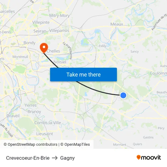 Crevecoeur-En-Brie to Gagny map