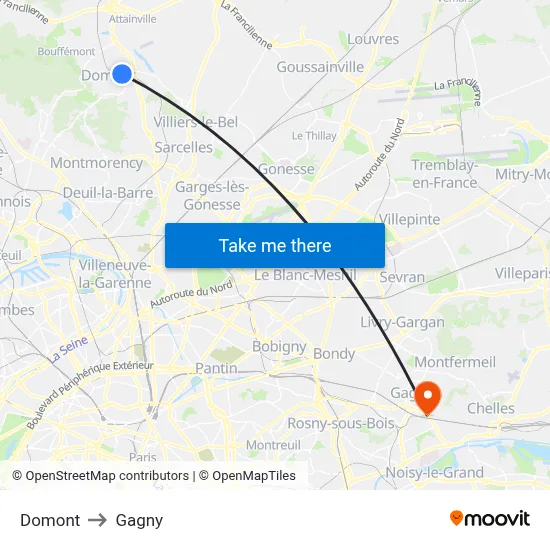 Domont to Gagny map