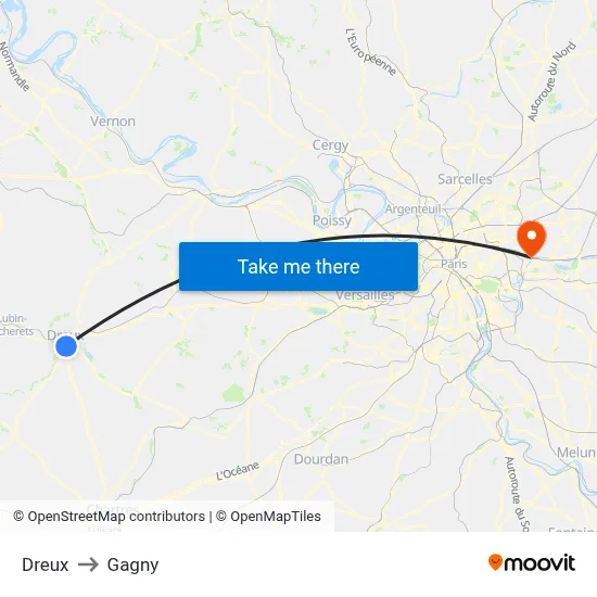Dreux to Gagny map