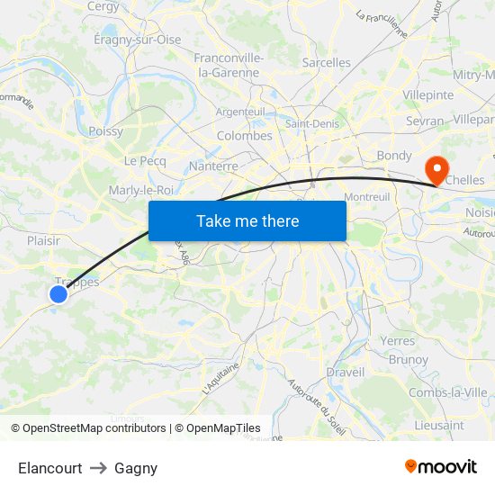 Elancourt to Gagny map