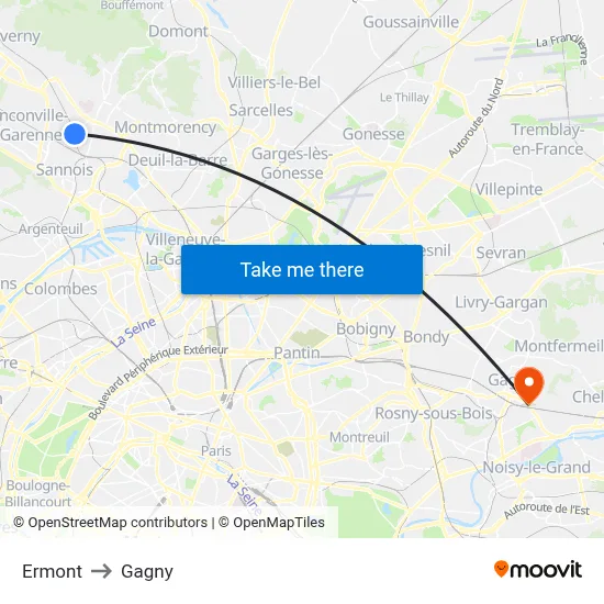 Ermont to Gagny map