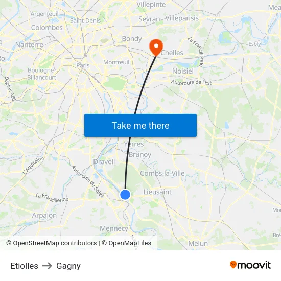 Etiolles to Gagny map