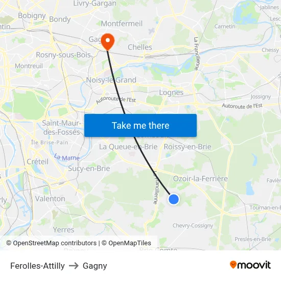 Ferolles-Attilly to Gagny map