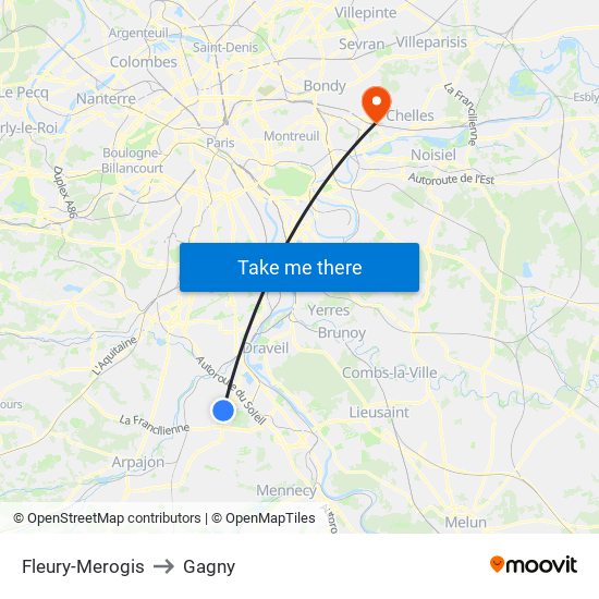 Fleury-Merogis to Gagny map