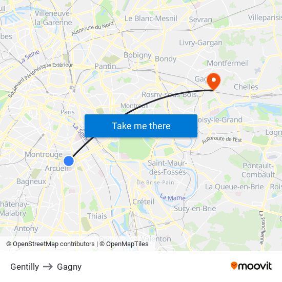Gentilly to Gagny map