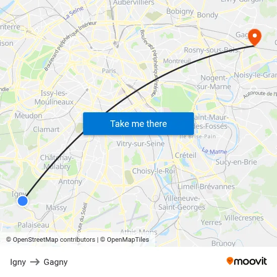 Igny to Gagny map