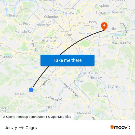 Janvry to Gagny map
