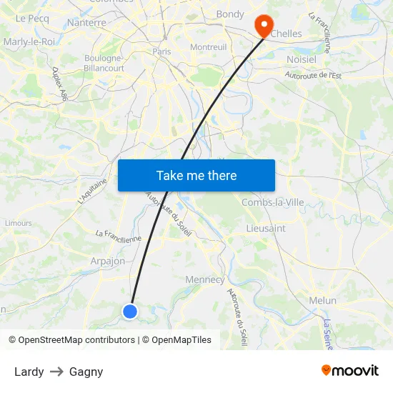 Lardy to Gagny map