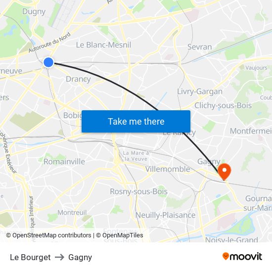 Le Bourget to Gagny map