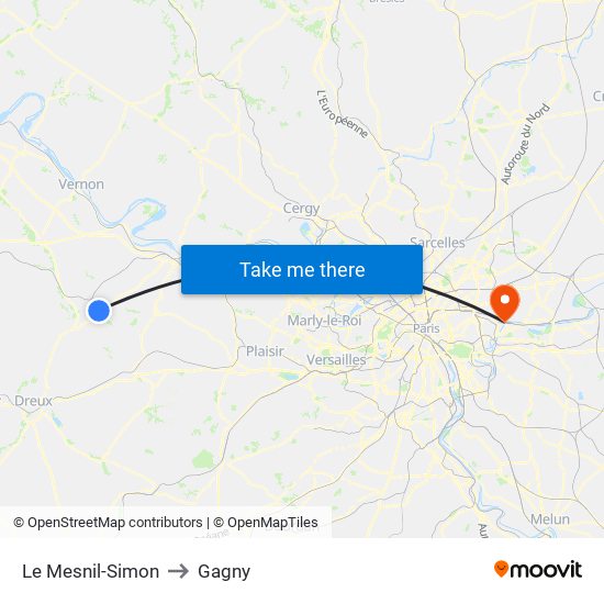 Le Mesnil-Simon to Gagny map