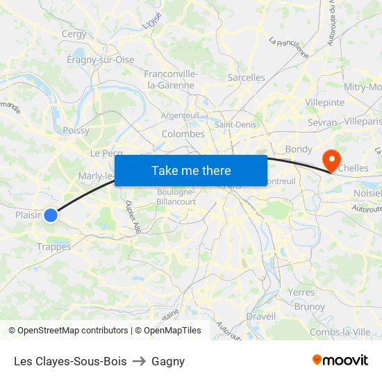 Les Clayes-Sous-Bois to Gagny map