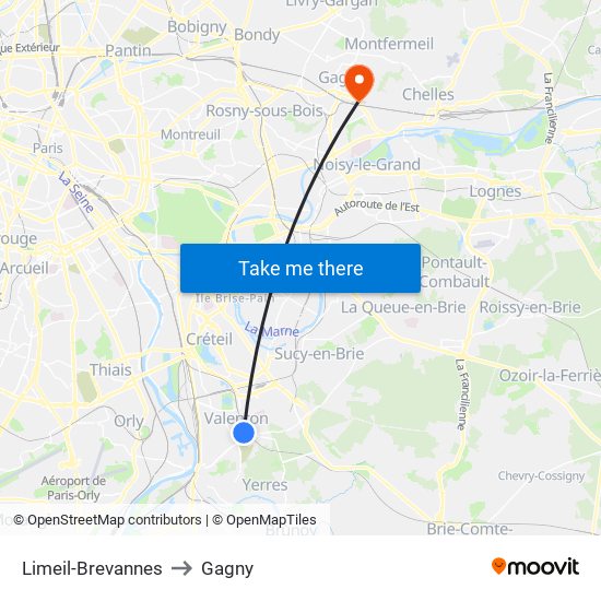 Limeil-Brevannes to Gagny map