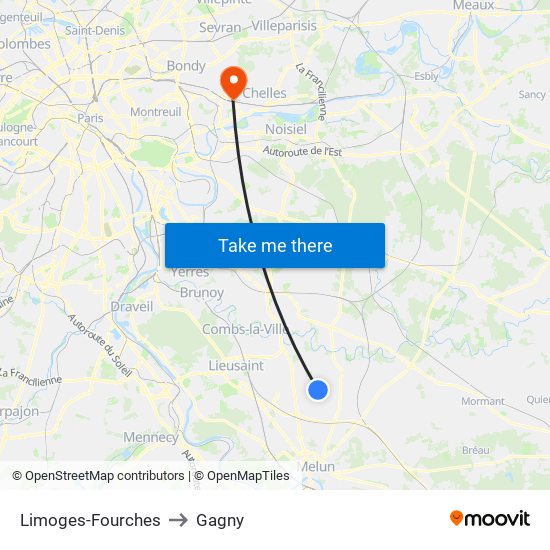 Limoges-Fourches to Gagny map