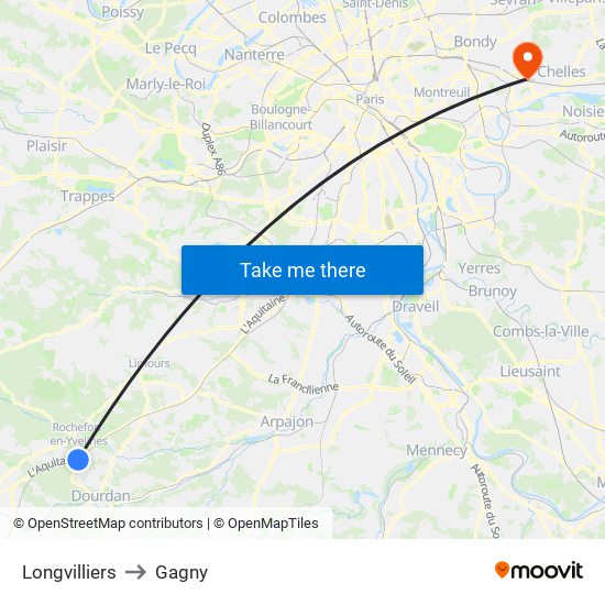 Longvilliers to Gagny map