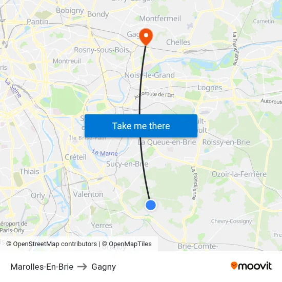 Marolles-En-Brie to Gagny map