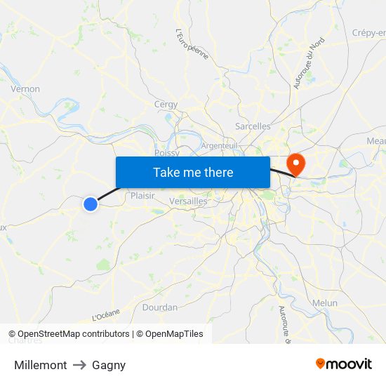 Millemont to Gagny map