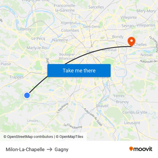 Milon-La-Chapelle to Gagny map