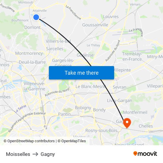 Moisselles to Gagny map