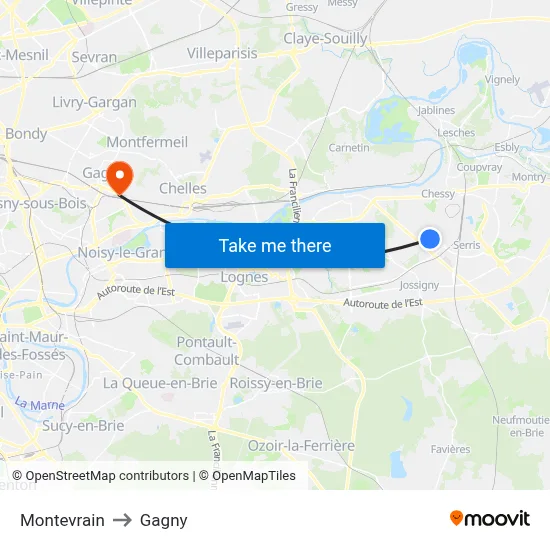 Montevrain to Gagny map
