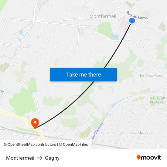 Montfermeil to Gagny map