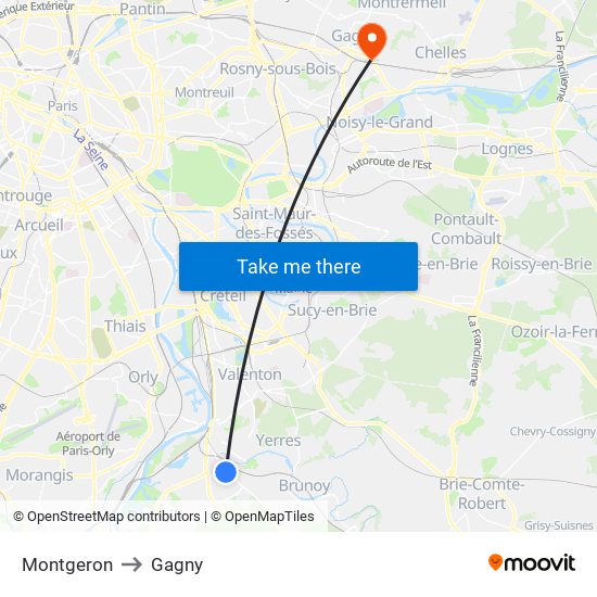Montgeron to Gagny map