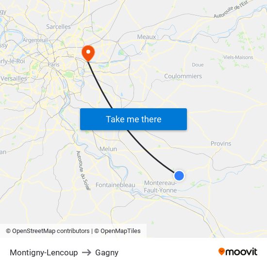 Montigny-Lencoup to Gagny map